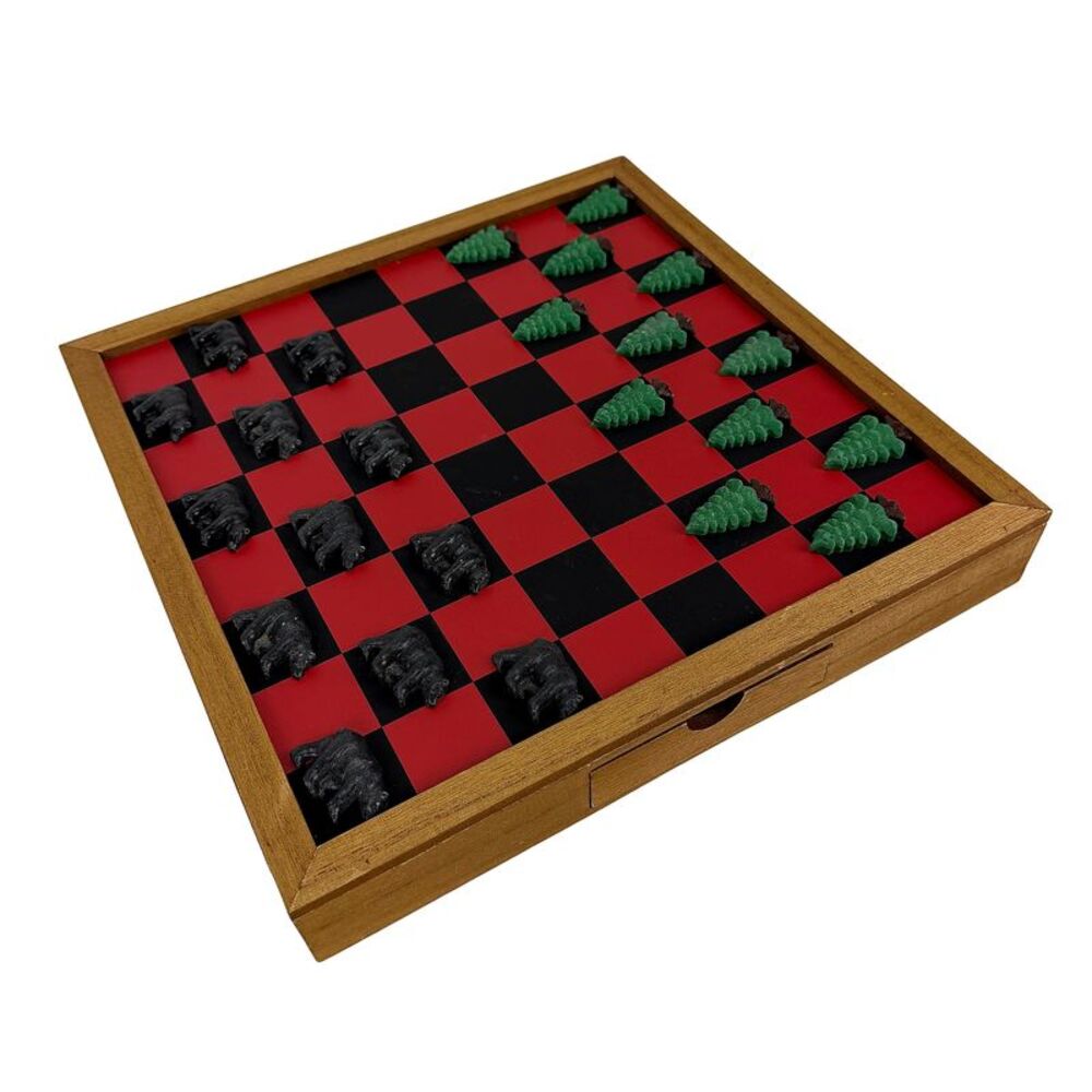 Rustic Lodge Checkerboard Game Set Wood Board Bears Trees Storage Drawer